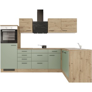Flex-Well Winkelküche Cara in Schilfgrün/Artisan Eiche mit E-Geräten und Dunstabzugshaube.