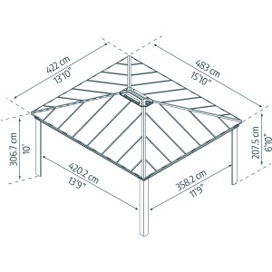 Grauer Palram Canopia Carport Colorado (487x426cm) mit Maßangaben.