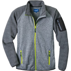 Scheibler Strickjacke Tweng in Grau-Schwarz-Meliert-Gelb, Arbeitskleidung mit Reißverschlüssen und Taschen.