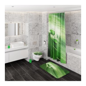 Badezimmer mit Badewannenstöpsel, Duschvorhang und Badematte im Green Leaf Design.