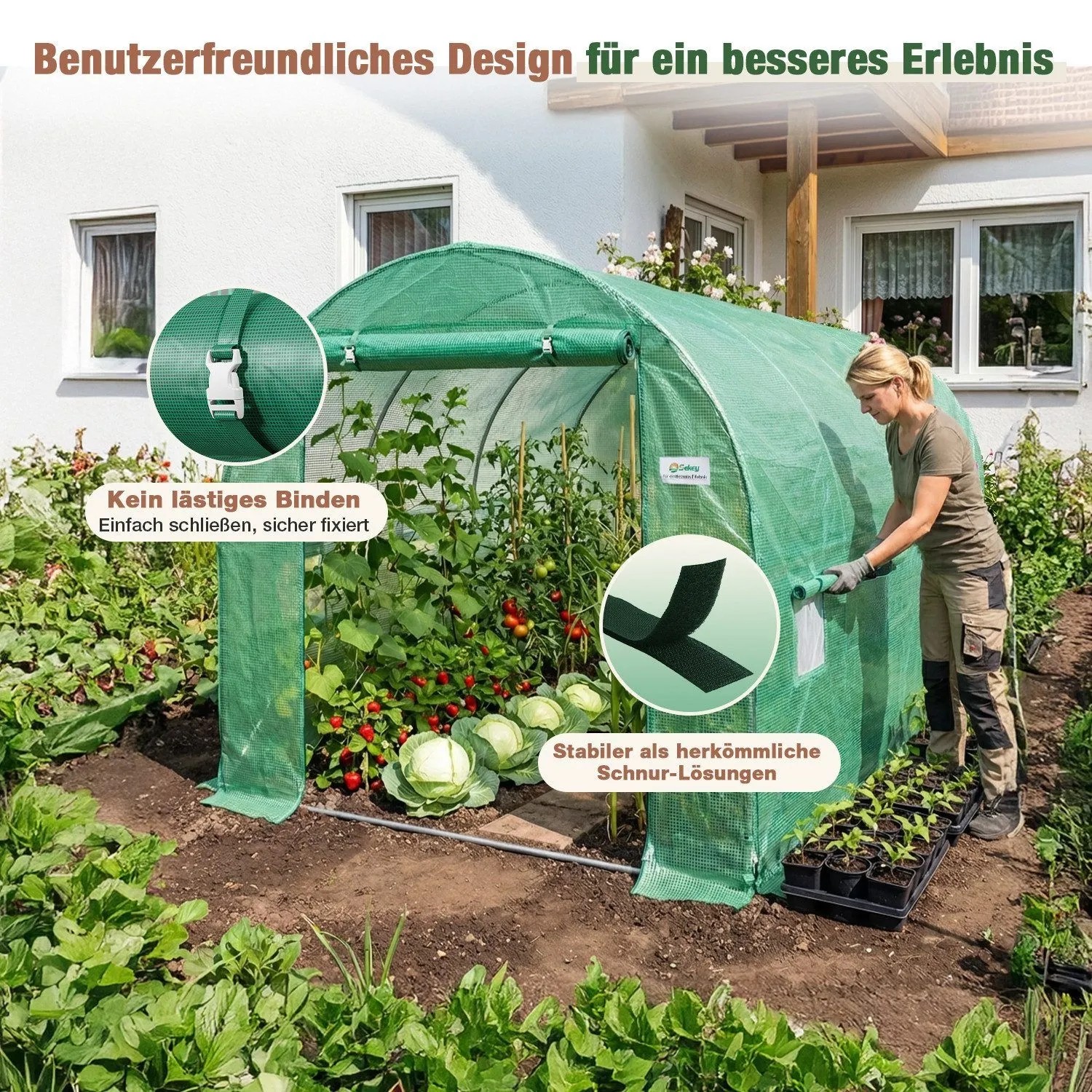 Grünes Foliengewächshaus im Garten, Frau pflegt Tomaten und Kohl. Stabiler Folientunnel mit 2 Türen, UV-Schutz.