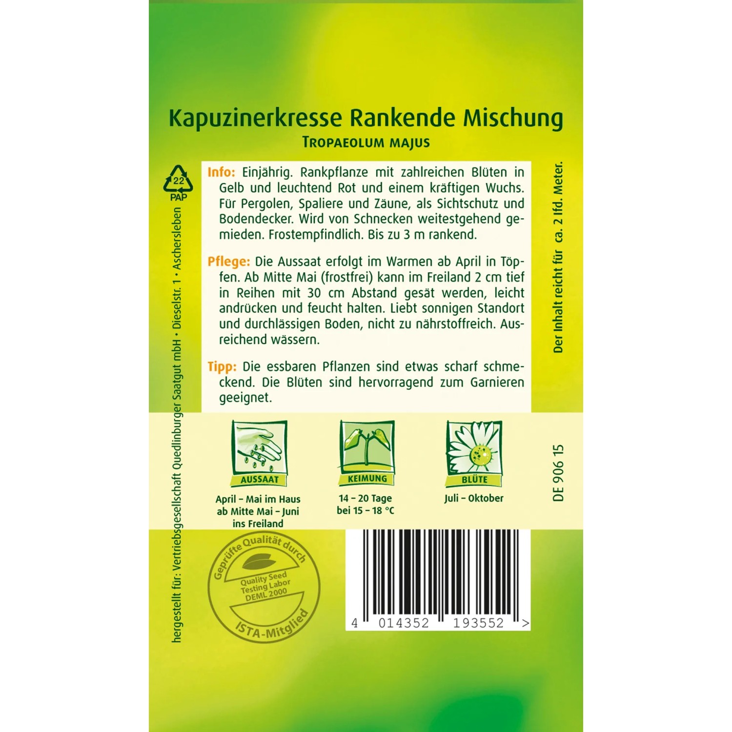 Samentüte Quedlinburger Kapuzinerkresse 'rankende Mischung'. Einjährige, essbare Kletterpflanze mit bunten Blüten.