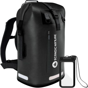 Schwarzer SCANDIC NATURE Rucksack Pioneer 55L, wasserdicht, mit Roll Top und Handytasche.