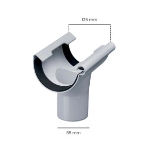 Grauer Inefa PVC Einhangstutzen NW 125/DN 85 für halbrunde Dachrinnen. Verbindet Regenrinne und Fallrohr.