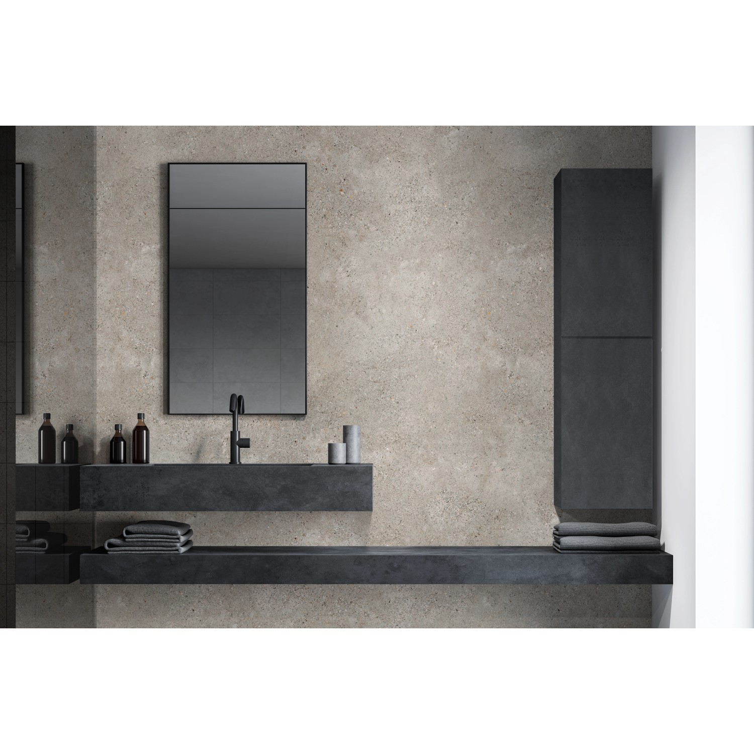 Badezimmer mit Grosfillex Wandpaneelen Element 3D Optik Grigo Brillant, sandfarbene Steinoptik.