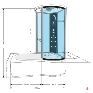 Skizze der AcquaVapore Duschtempel Kombination K55-L01 (170x100) mit Maßangaben.