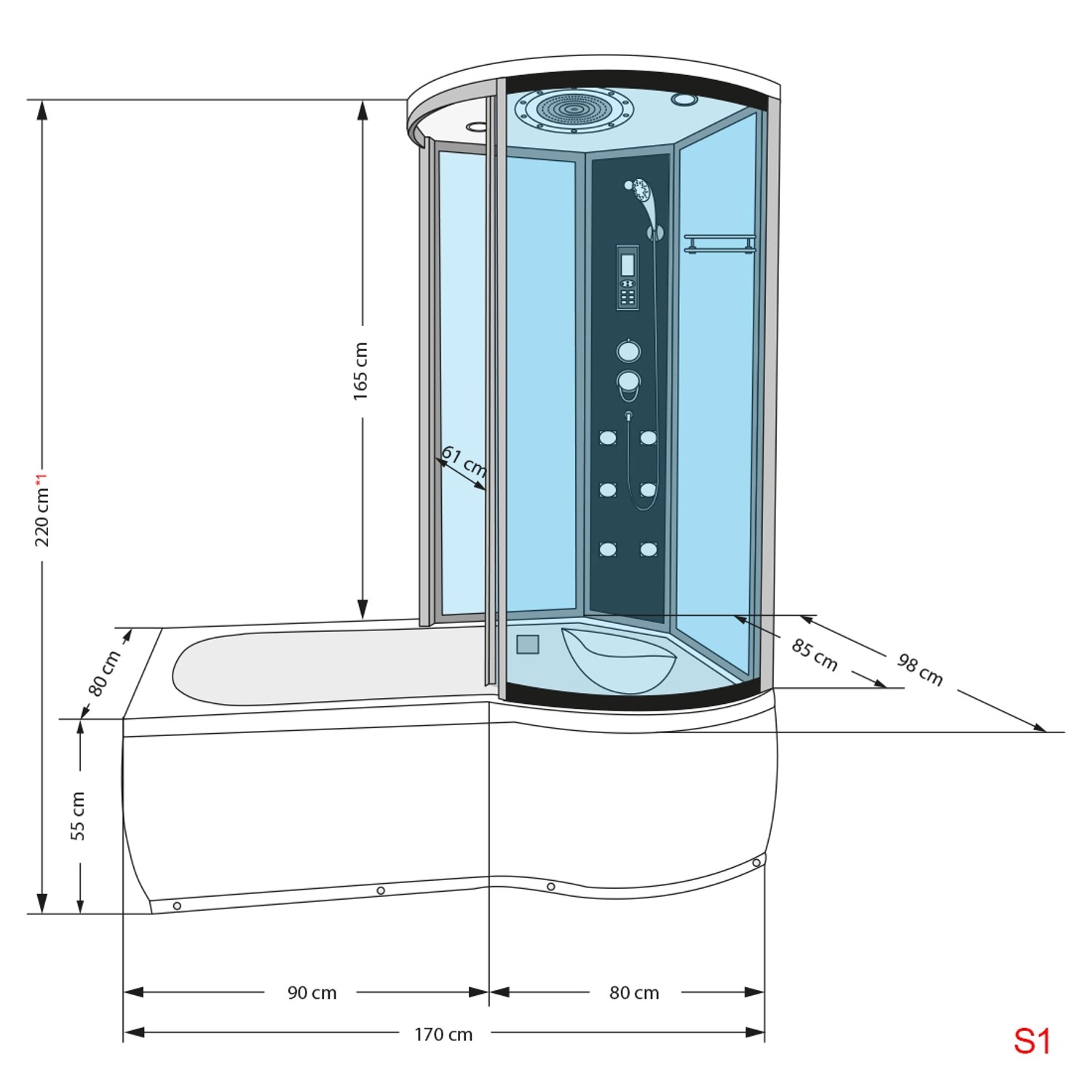 Skizze der AcquaVapore Duschtempel Kombination K55-L01 (170x100) mit Maßangaben.