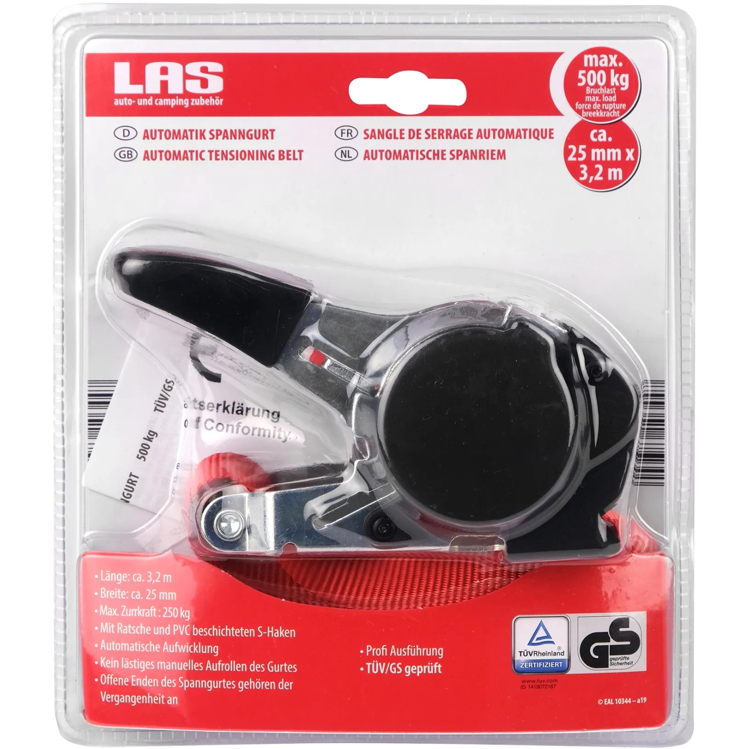 LAS Automatik Spanngurt 500 kg mit Ratsche zur Ladungssicherung im Auto & Camping.