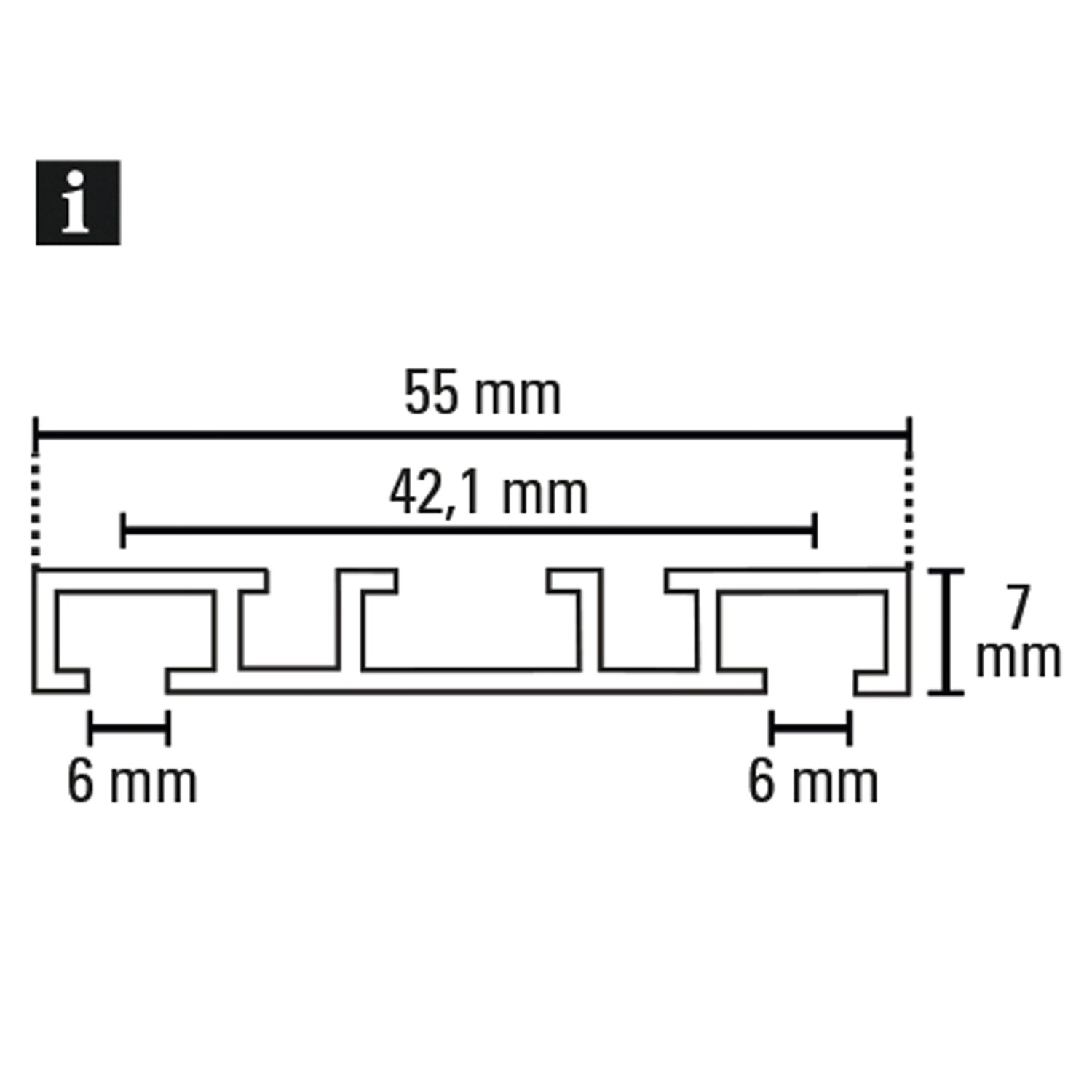 Technische Zeichnung Gardinia Vorhangschiene 2-läufig, Maße: 55x7x6 mm.
