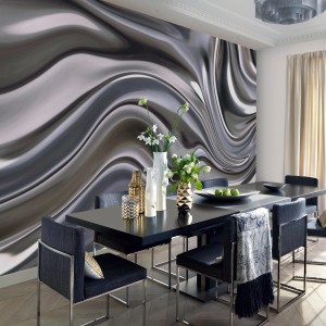 Silberne 3D Metallic Tapete Bricoflor im Esszimmer. Moderne Vliestapete mit Grafik Muster.