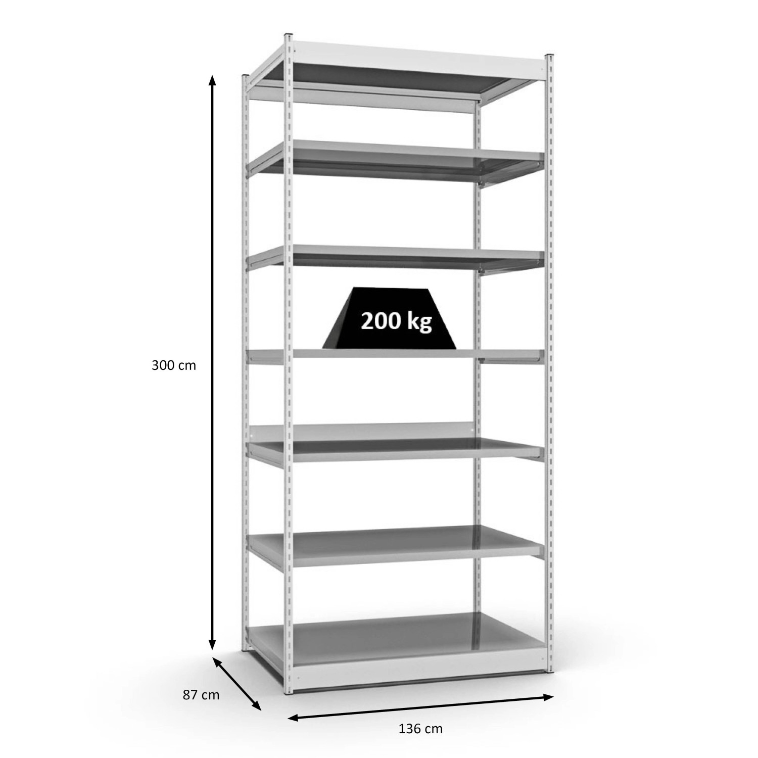 Lichtgraues PROREGAL Fachbodenregal mit 7 Ebenen, Stecksystem, Vierkant-Profil und einer Fachlast von 200 kg.