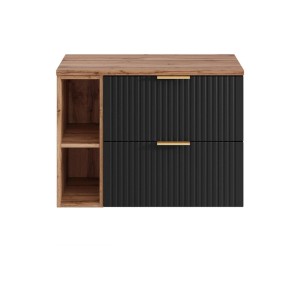 Moderner Vente-unique Zevara Waschbeckenunterschrank 80 cm, schwarz geriffelt, mit Holzablagen und goldenen Griffen.