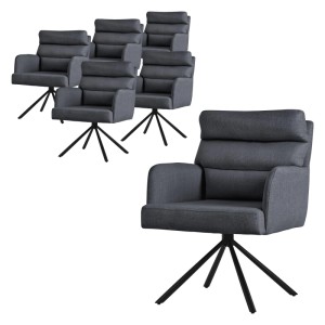 6 anthrazitfarbene, drehbare Esszimmerstühle mit Armlehnen und schwarzem Stahlgestell. Modernes Design für Ihr Esszimmer.