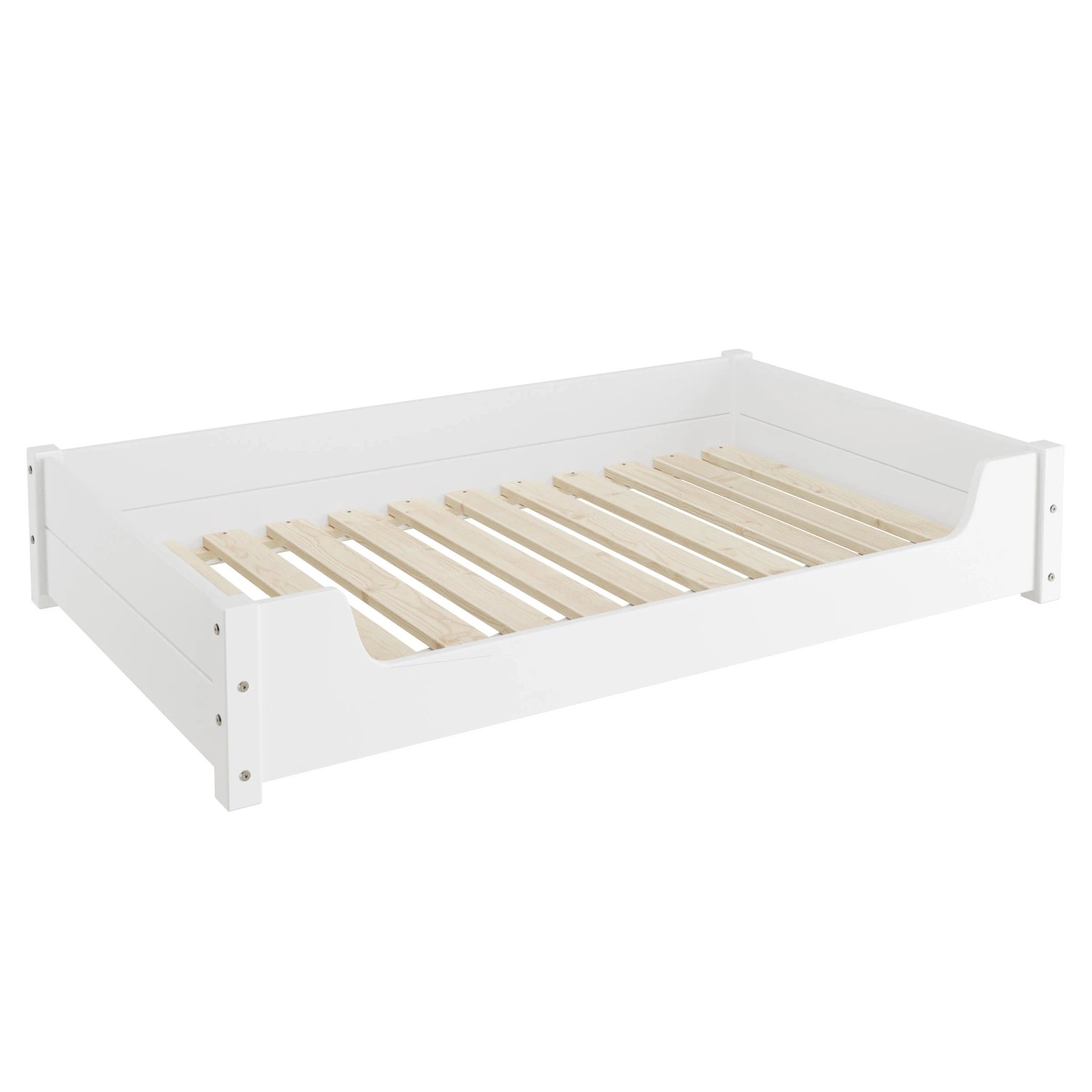 Weißes Hundesofa XXL aus Kiefernholz mit Rollrost, ohne Matratze. Tierbett für große Hunde.