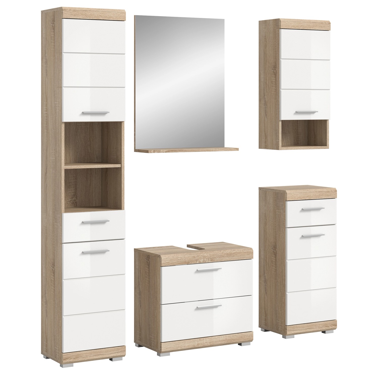 Badkombi Lambada m. Waschbeckenunterschrank Eiche/Weiß Hochglanz 164 cm 5-t günstig online kaufen
