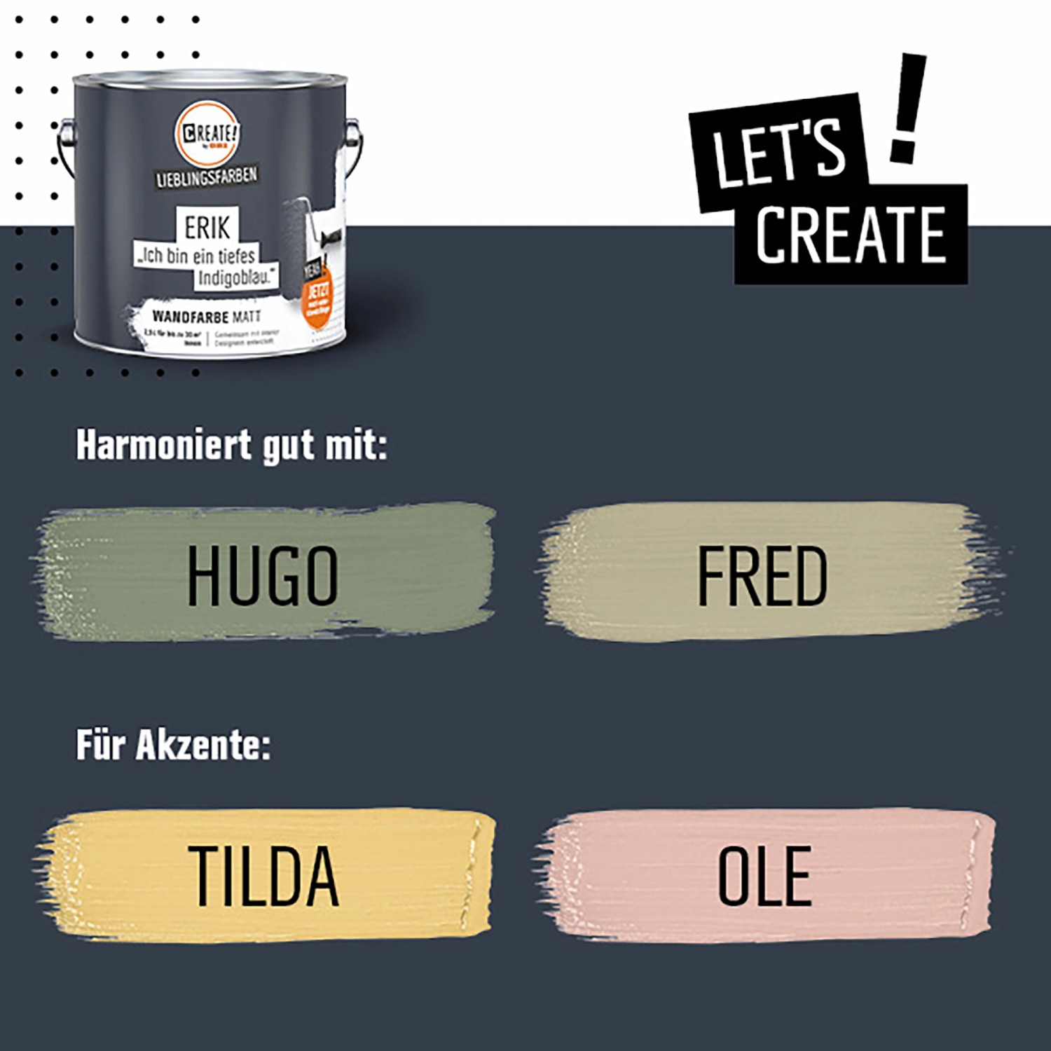 CREATE! by OBI Wandfarbe Erik Indigoblau, matte Premium-Farbe mit Farbtönen wie Hugo, Fred, Tilda und Ole.