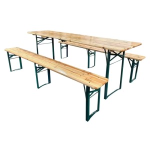 Klappbare Bierzeltgarnitur 3-tlg. aus Holz mit grünem Metallgestell. Ideal für Garten und Feste.
