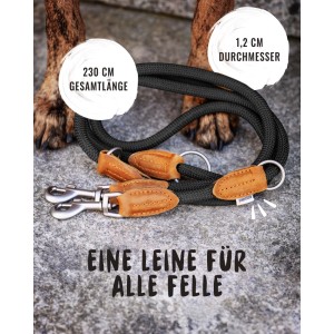 Schwarze Rudelkönig Hundeleine Emma aus Kletterseil mit Lederdetails und verstellbaren Karabinern.