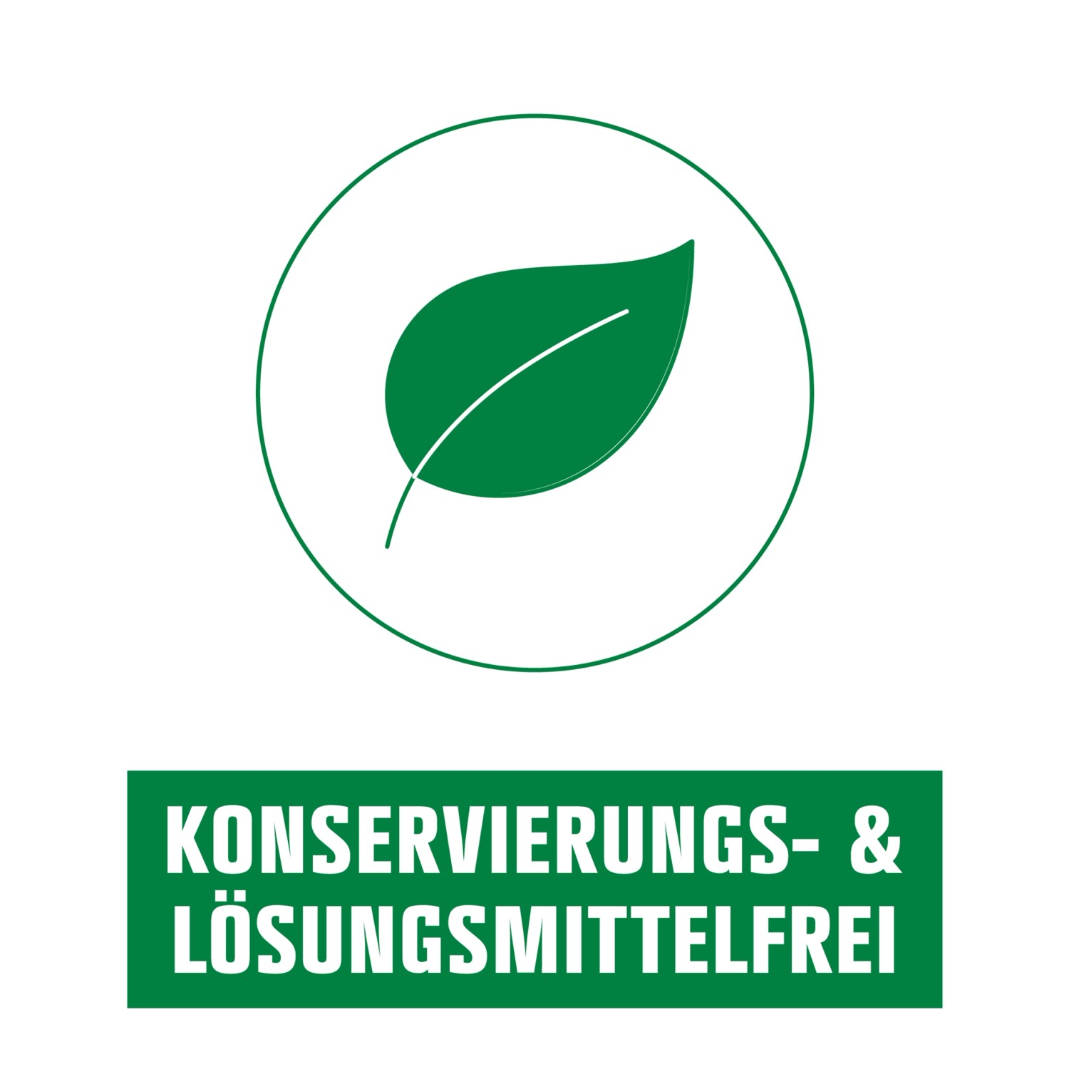 Symbol für Wandfarbe: Grünes Blatt im Kreis, darunter "Konservierungs- & Lösungsmittelfrei".