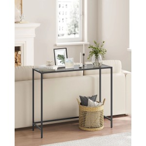 Schwarzer Songmics Konsolentisch Baris mit Hartglasplatte im Wohnzimmer.