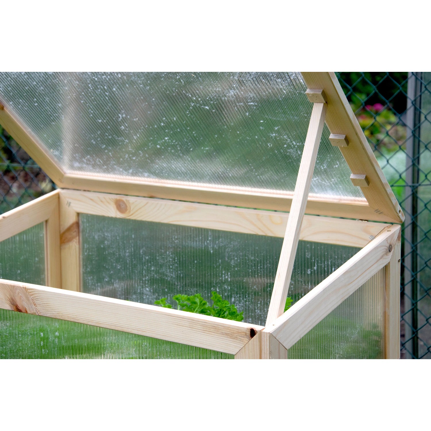 Detailaufnahme Frühbeet Tisch M aus Holz mit geöffnetem Polycarbonat-Aufsatz.