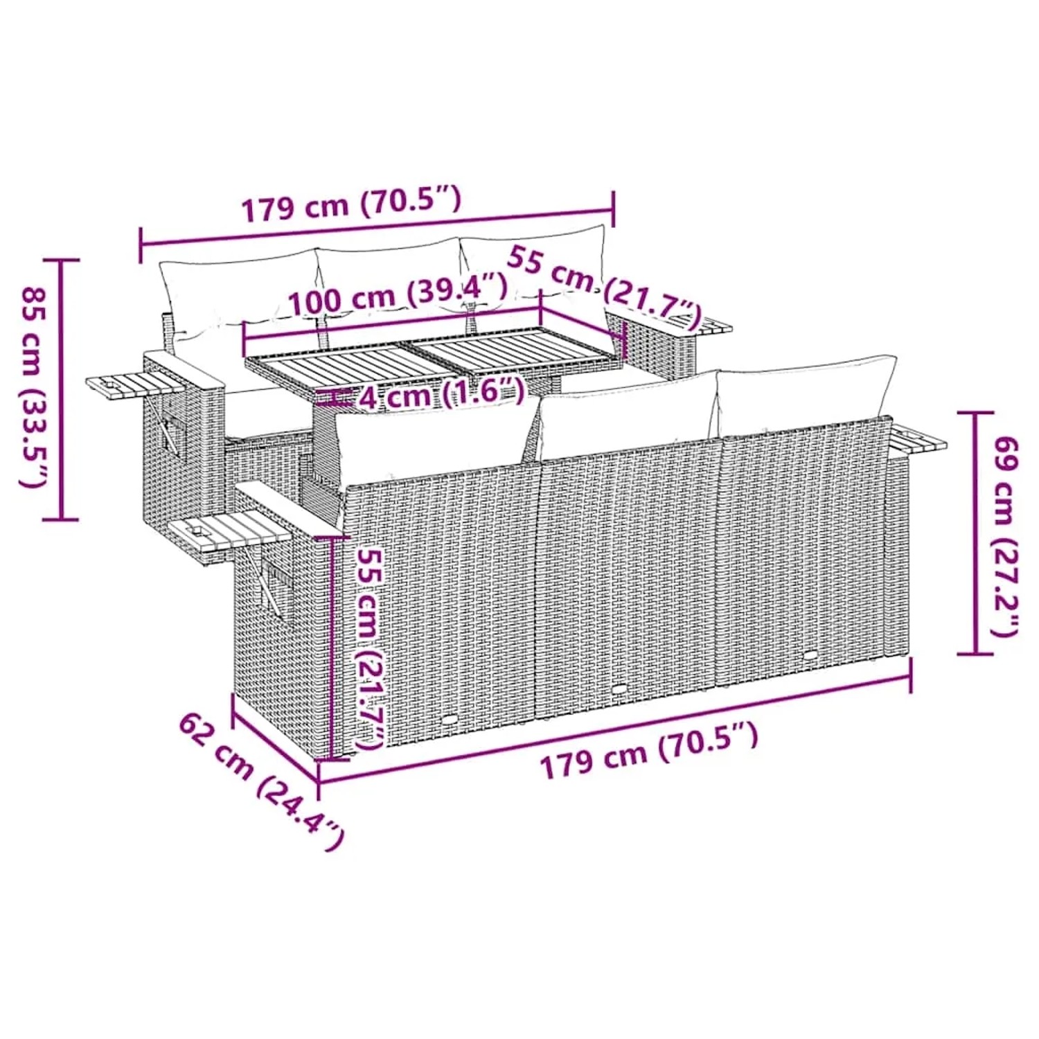 vidaXL 7-tlg. Garten-Sofagarnitur, beige Poly Rattan mit Akazienholz, inkl. Kissen, Maße