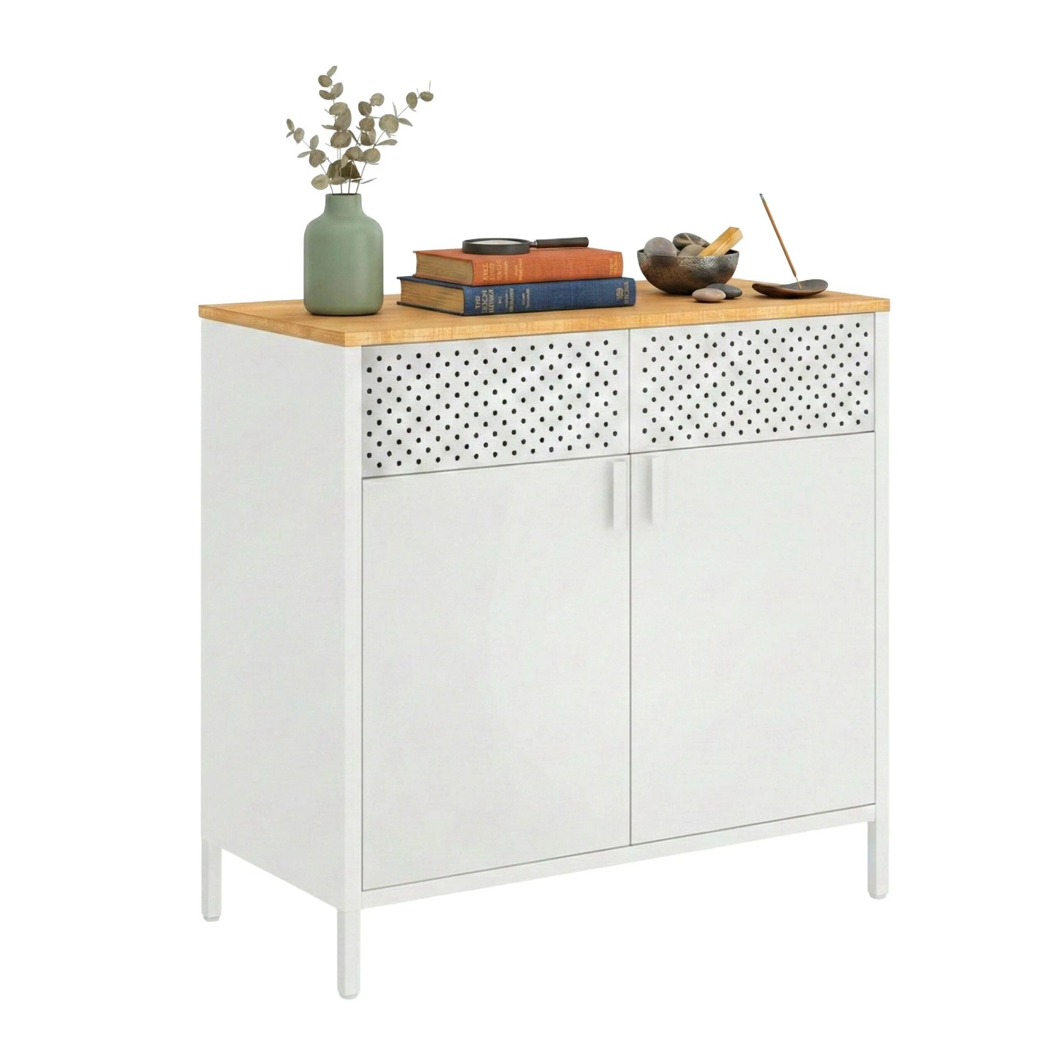 Relaxdays Metallschrank Stahl Holzoptik Weiß mit 2 Türen 77 cm x 80 cm x 40 cm