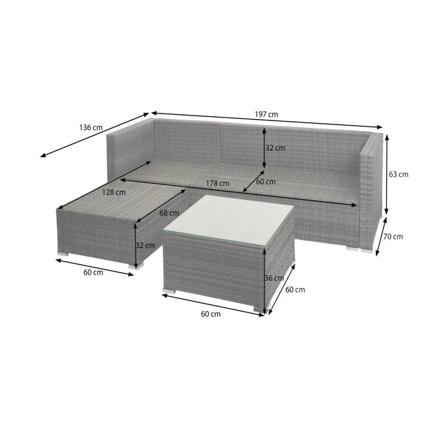 Schwarze 3-teilige Poly-Rattan Gartenmöbel-Set: Ecksofa, Hocker, Couchtisch mit Glasplatte. Maße.