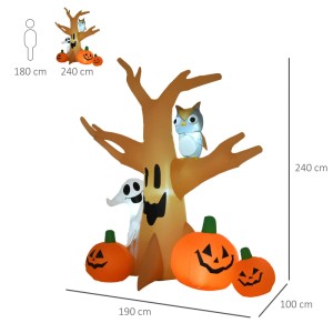 HOMCOM aufblasbarer Halloween Spukbaum mit Gespenst, Eule, Kürbissen, LED-beleuchtet, 240 cm hoch.