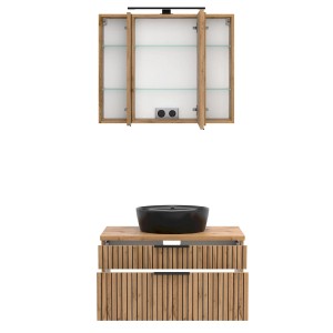 Held Möbel Waschtisch-Set mit Keramikbecken in Schwarz und Eiche, 2-teilig. Badmöbel-Set mit Spiegelschrank.