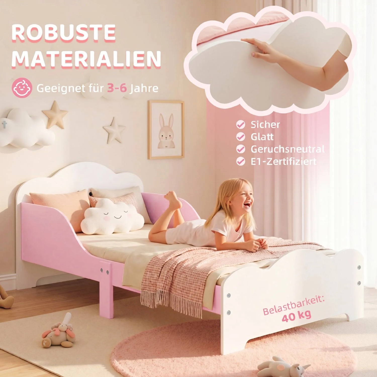 Rosa-weißes AIYAPLAY Kinderbett aus MDF mit Wolken-Kopfteil und Schutzleisten. Ideal für Kinder von 3-6 Jahren.