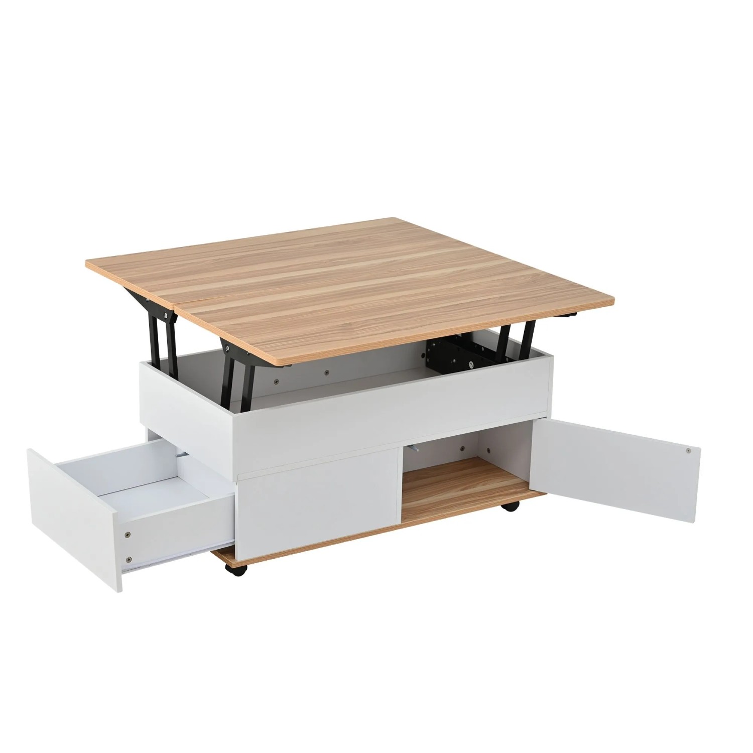 okwish Couchtisch Höhenverstellbar mit Rollen und Schubladen Weiß 100 × 98 cm