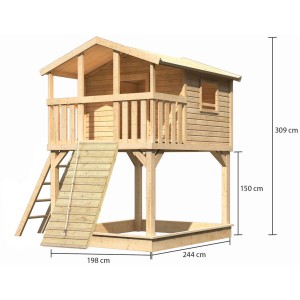 Karibu Stelzenhaus Benjamin mit Holzrampe und Sandkasten, naturbelassen.