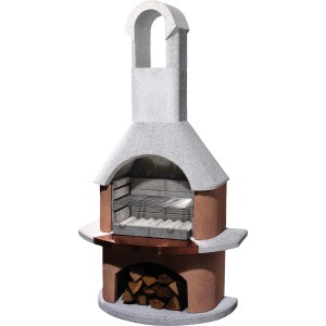 Buschbeck Grillkamin Toscana mit Quarzstruktur, terracottafarbenen Akzenten und Holzfach.