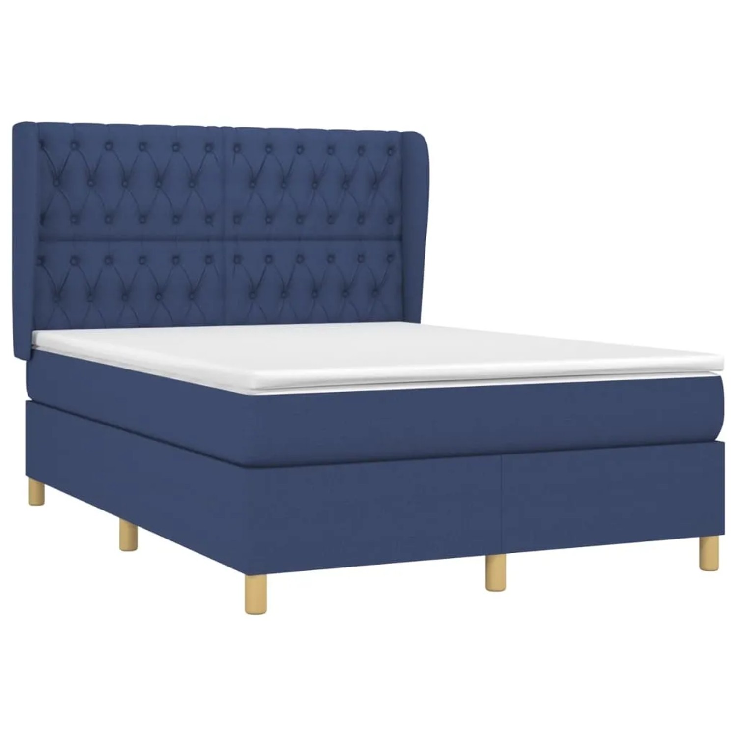 Blaues vidaXL Boxspringbett (140x190 cm) mit Stoffbezug, Matratze und gestepptem Kopfteil.
