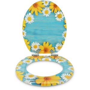 Sanfino WC-Sitz Daisies: Toilettendeckel mit Absenkautomatik, Holz, hellblau mit Gänseblümchen.