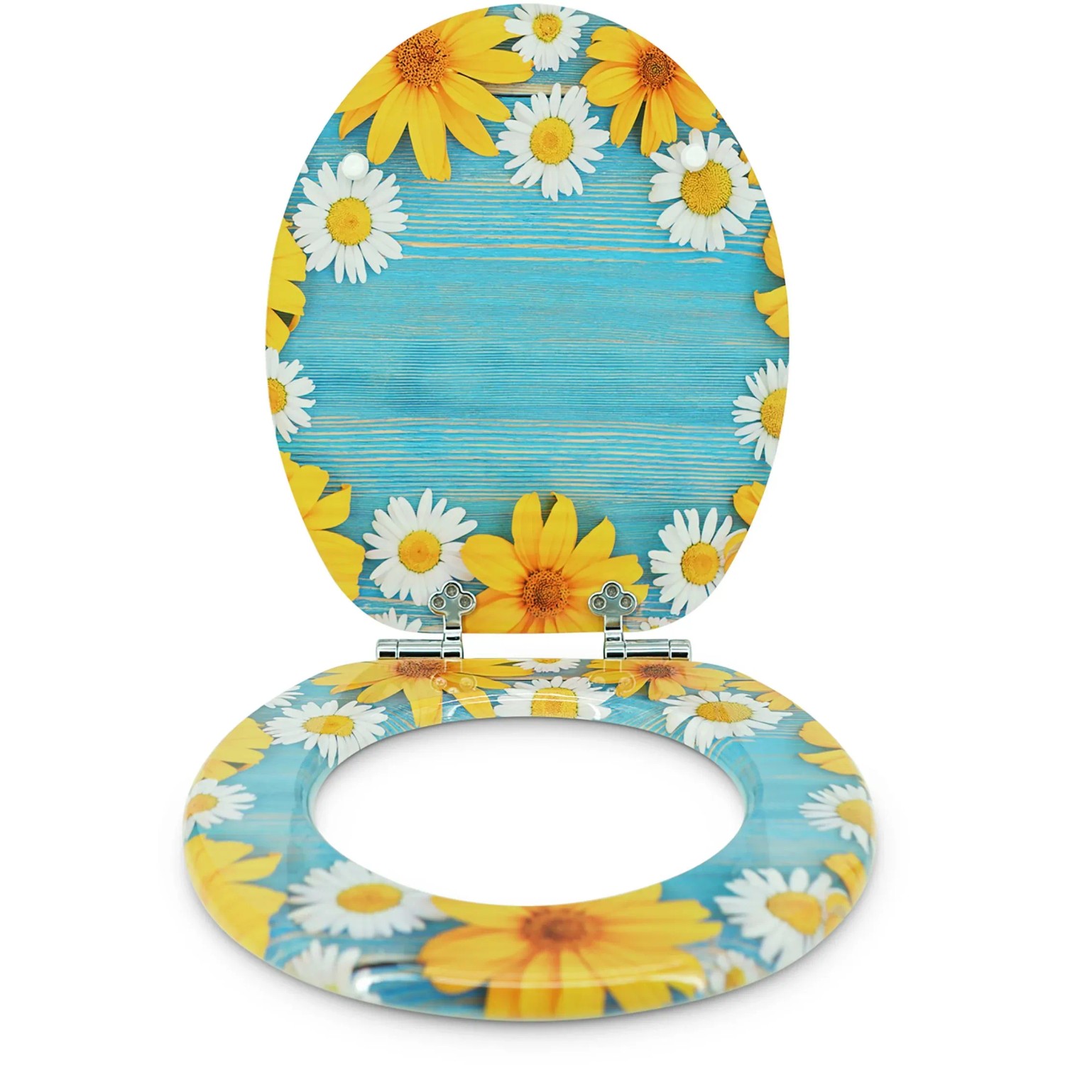 Sanfino WC-Sitz Daisies: Toilettendeckel mit Absenkautomatik, Holz, hellblau mit Gänseblümchen.