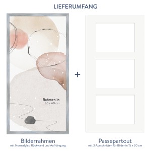 Silberner Bilderrahmen für 3 Fotos (15x20 cm) mit Passepartout, 30x60 cm, ideal als Galerierahmen.