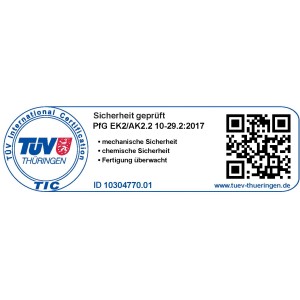 TÜV Thüringen Zertifikat für mechanische und chemische Sicherheit, Fertigung überwacht.