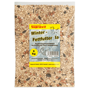 Transparenter Beutel Supravit Winter-Fettfutter für Wildvögel, 5 kg, mit Haferflocken, Erdnüssen, Rosinen.