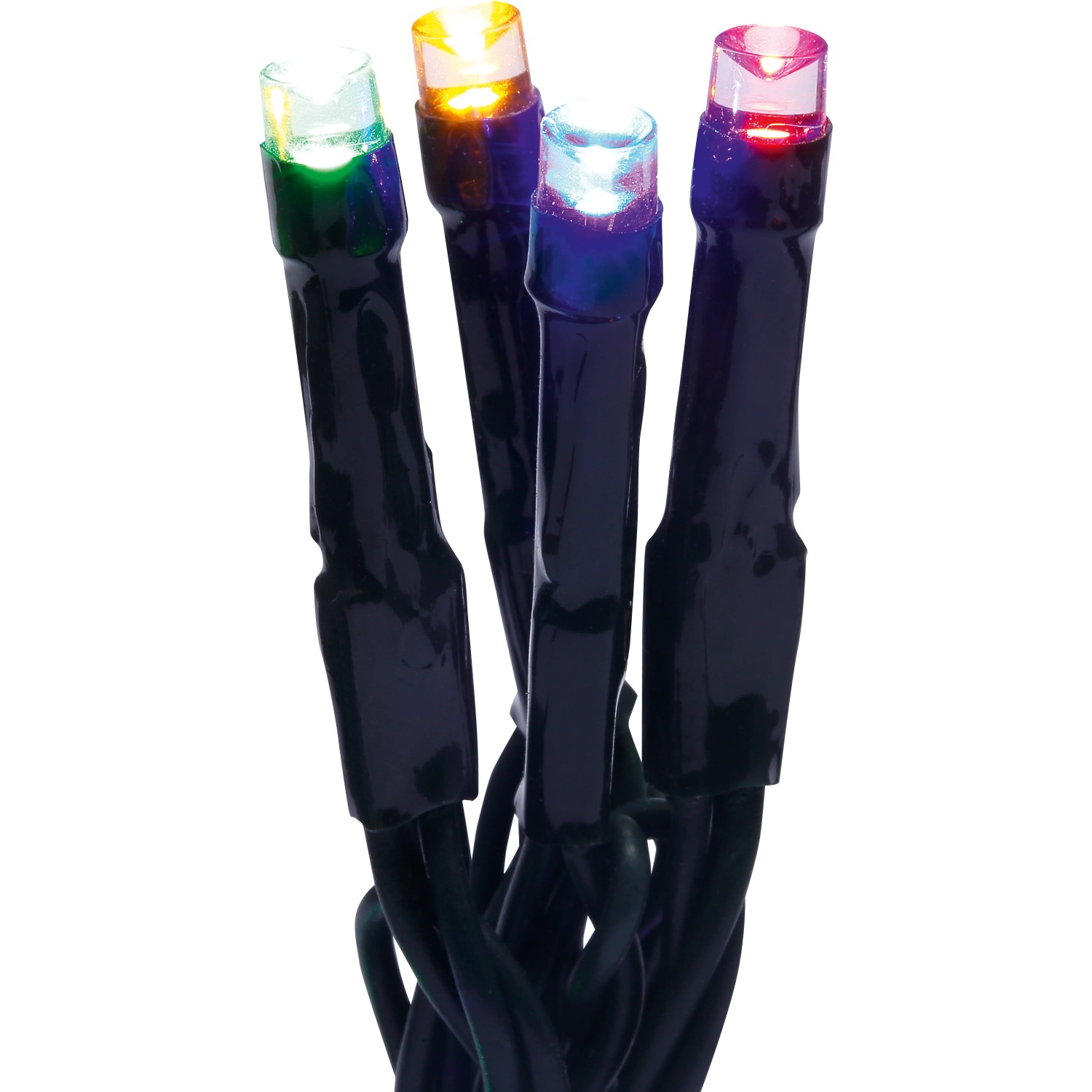 LED-Lichterkette mit 80 bunten LEDs und grünem Kabel für Innen- und Außenbereich.