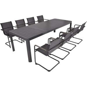 Anthrazitfarbenes 9-teiliges Gartenmöbel-Set von Garden Pleasure mit Tisch und Freischwinger-Stühlen.