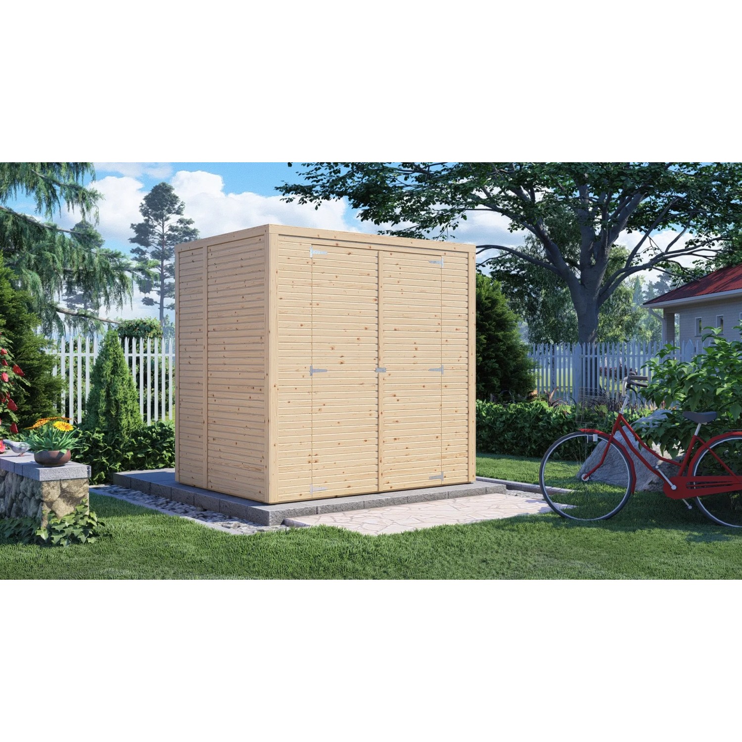 Bertilo Holz-Gartenhaus Box 2, naturbelassen, mit Doppeltür im Garten.