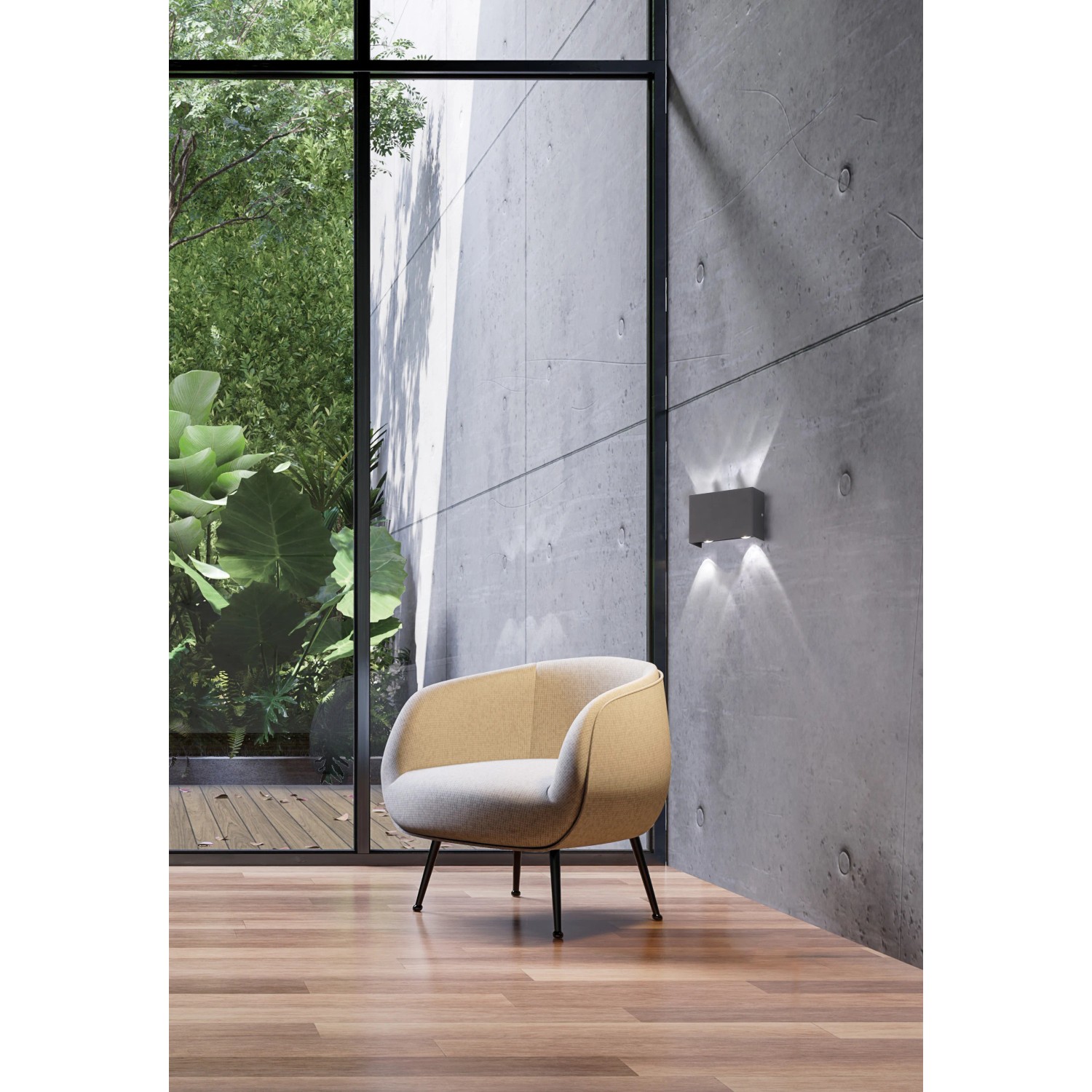Moderne, schwarze LED-Außenwandleuchte Nairobi von Fischer & Honsel mit Lichteffekt.