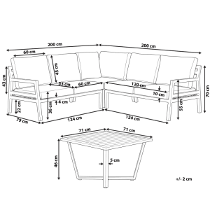Beliani Lounge Set VIZZINI: Maße des dunkelgrauen L-förmigen Ecksofas und Couchtisches. Gartenmöbel mit Aluminiumgestell.