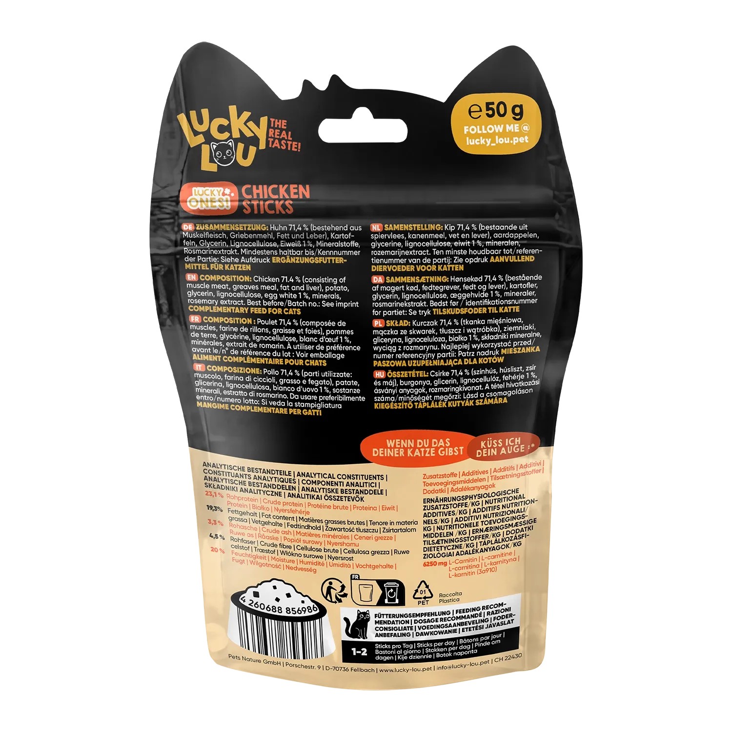 Lucky Lou Katzen-Trockenfutter Sticks Huhn, 50g Packung. Katzensnack für Spiel und Spaß.