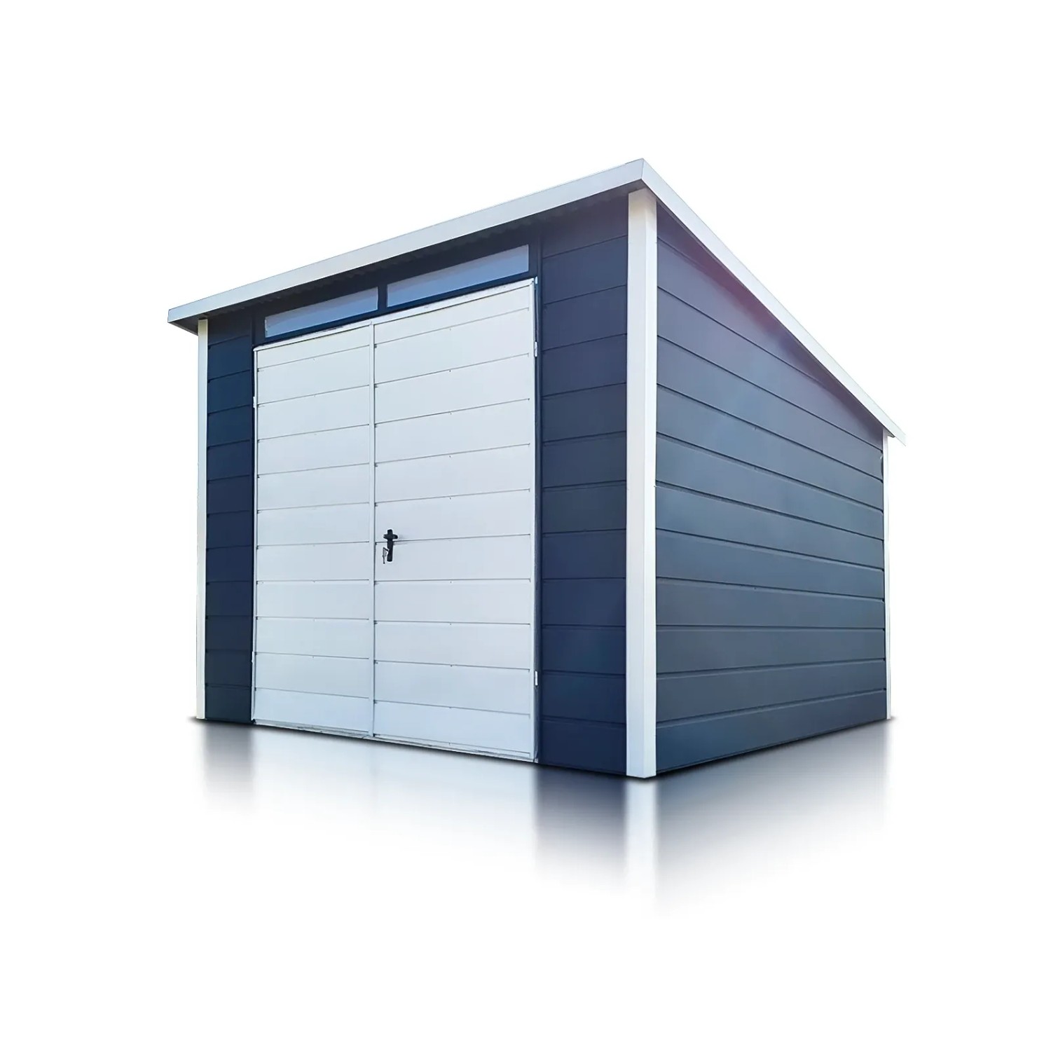 Liderstal Gerätehaus Premium aus Blech 300 x 300 cm Pultdach Horizontal Graphit mit Weißem Tor