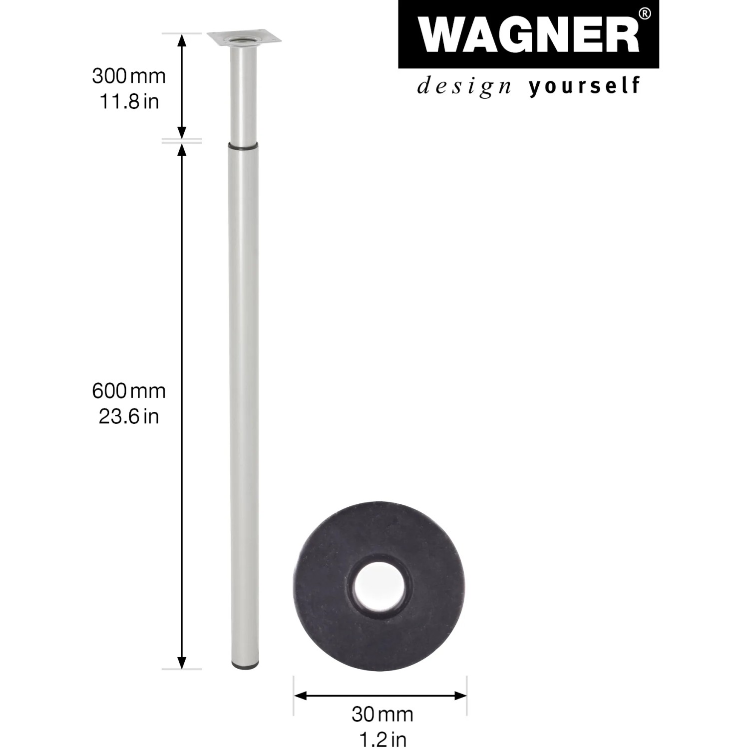 Wagner Möbelbein Telescope, justierbar, 60-90 cm, Alu. Höhenverstellbares Tischbein für Möbelbau.