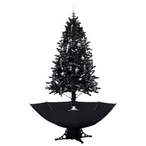Schwarzer, schneebedeckter Weihnachtsbaum (190 cm) mit Schirmfuß und Deko für eine festliche Atmosphäre.
