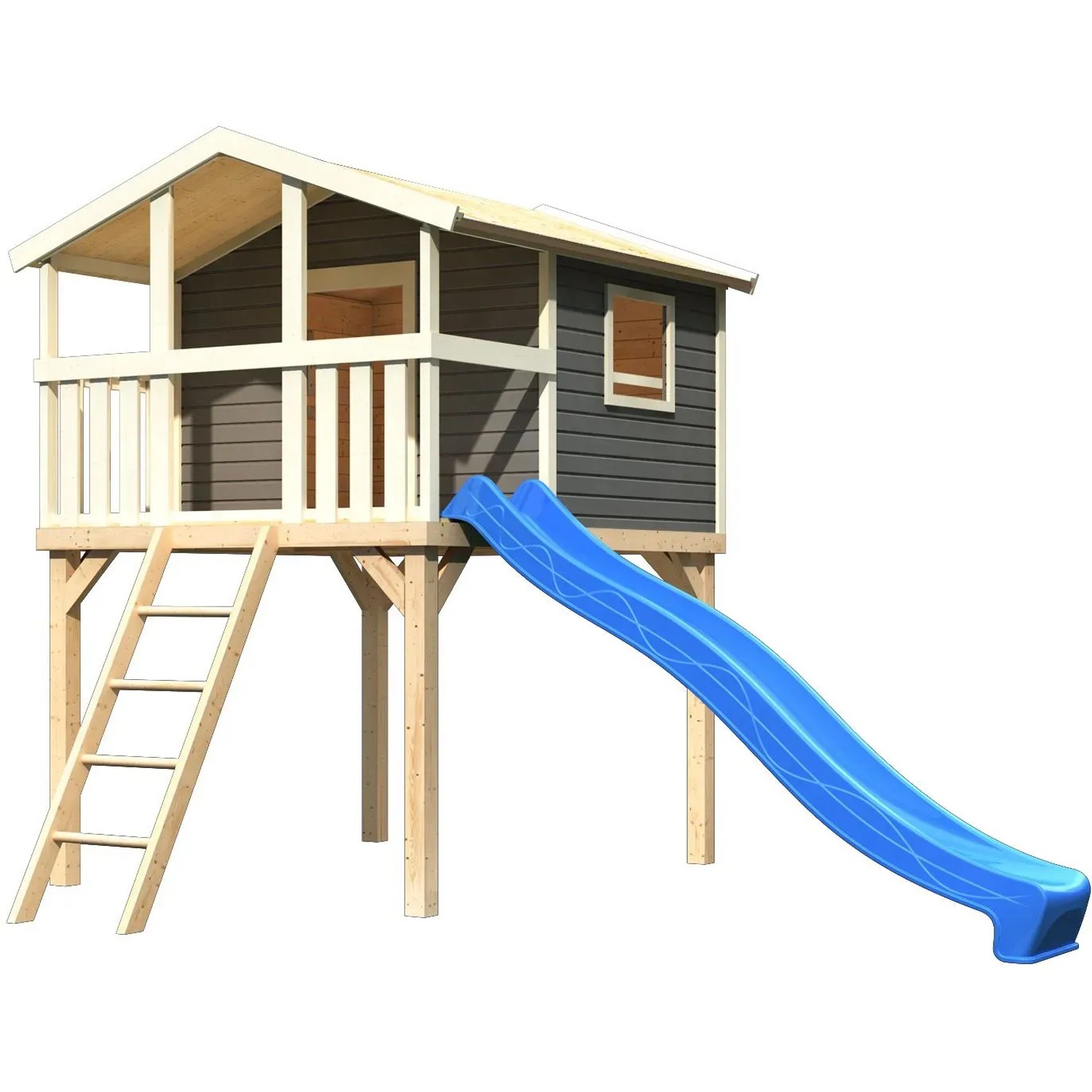 Karibu Stelzenhaus Benjamin, terragrau mit Holzleiter und blauer Rutsche.